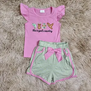 This is god's country fishing deer duck embroidery top & stripe shorts girls boutique outfits