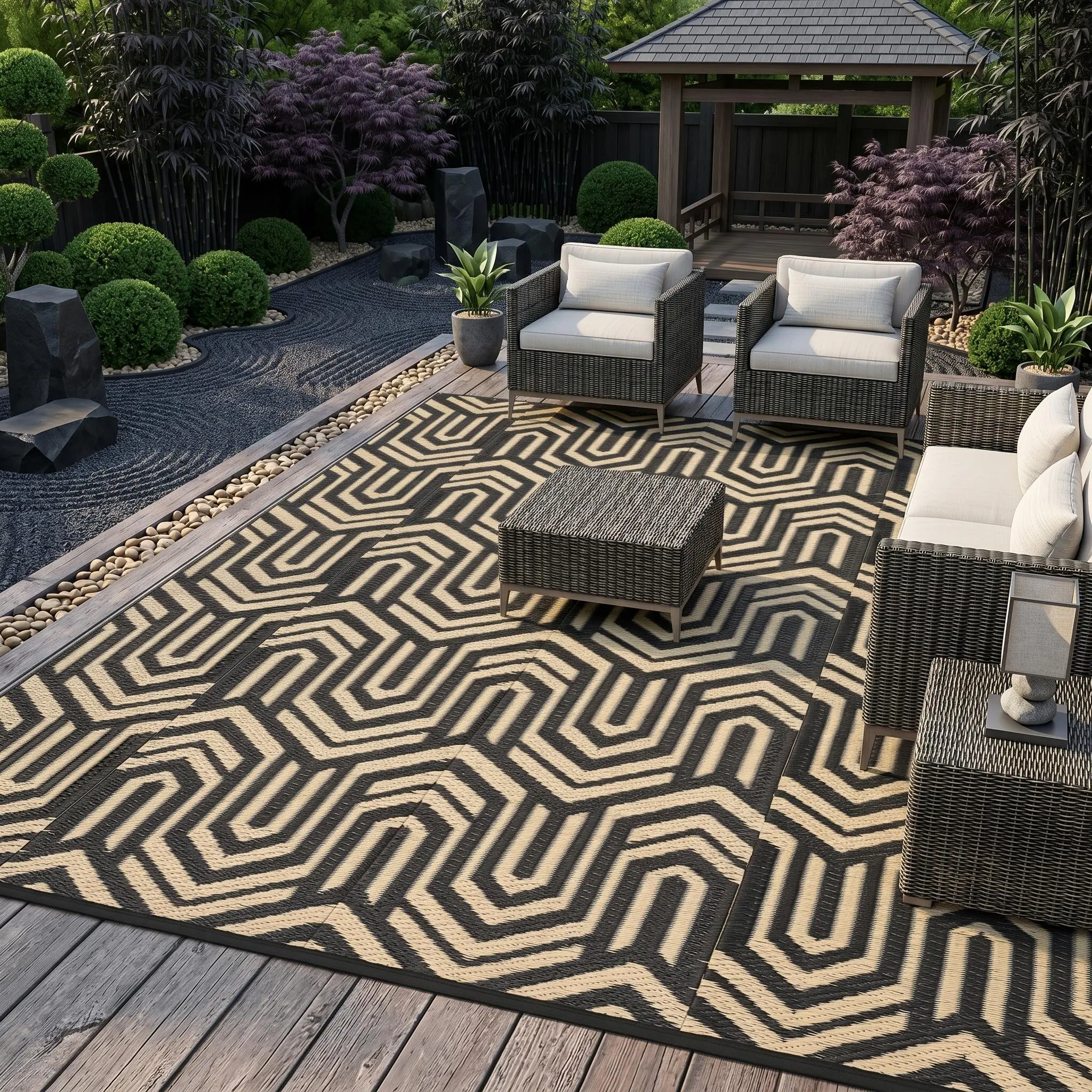 Garvee Large Geometric Outdoor Rug Foldable Double-Sided Reversible Plastic Straw Woven Rug Washable area rug Portable for Balconies Gardens Beaches RVs Picnics