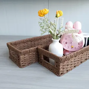 Natural Paper Rope Handwoven Rectangular Storage Basket, Rustic Natural Style, Practical and Decorative, Eco-Friendly Home Organizer