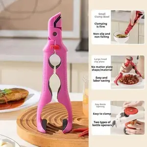 3-in-1 Dual Head Hot Plate Grippers Anti-Scald Clip for Bowls Plates & Steamers Heat Resistant Silicone Kitchen Tool with Lock & Bottle Opener Utensils Compact Handles White-1Pcs