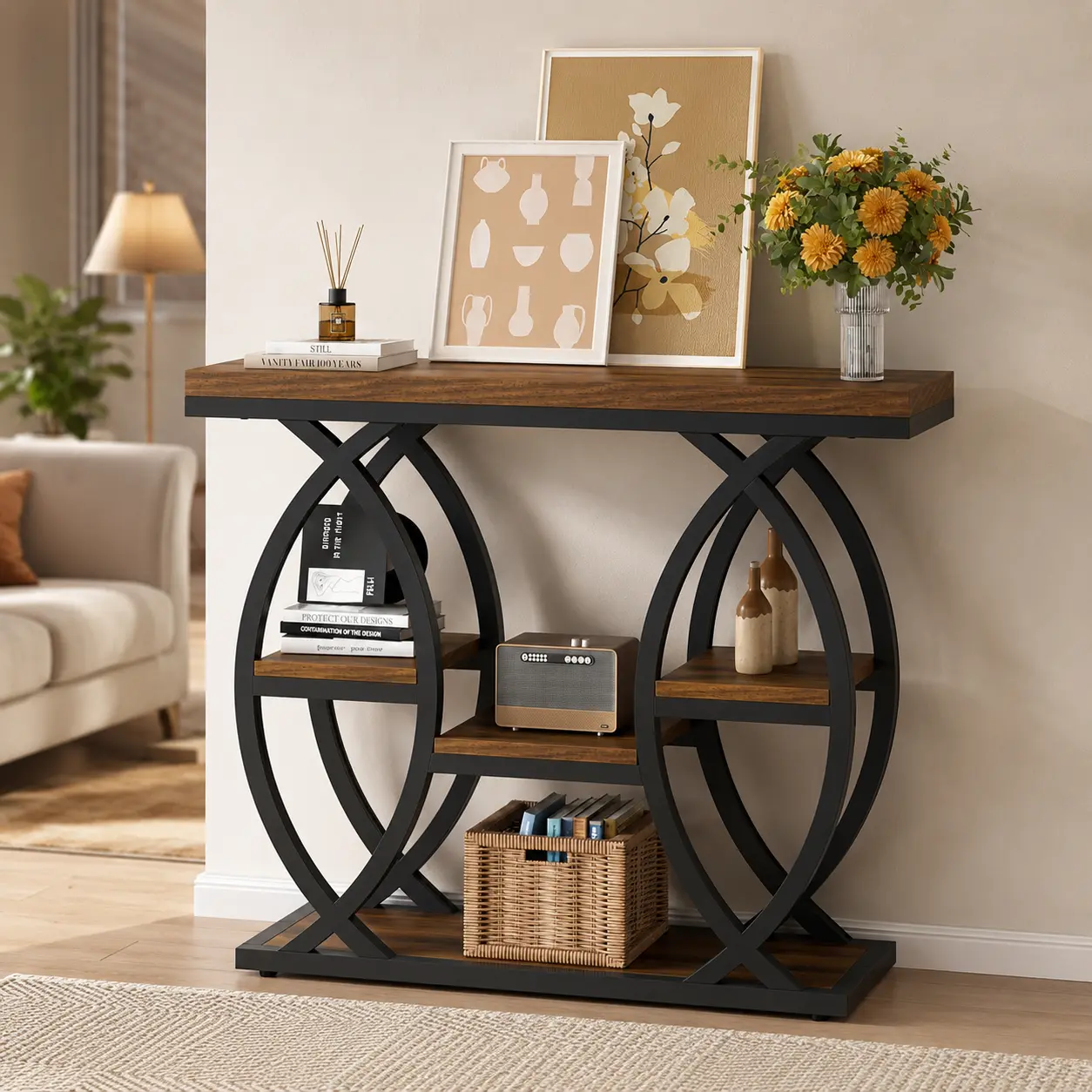 39 Inch Holiday Themed Console Table 4 Tier Sofa Side Table with Storage Shelves Narrow Wood and Metal Frame Decorative Table for Small Spaces Hallway Entryway Christmas Decoration