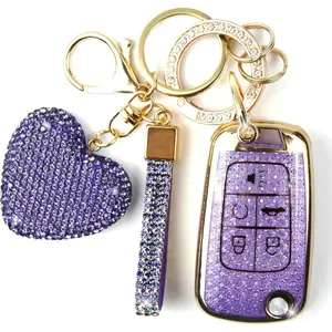 Key Fob Cover with Diamond Keychain for Women, Car Key Holder Compatible with Chevy Cruze Camaro Malibu Equinox Impala GMC Buick Encore Regal Flip Folding Protector, 5 Buttons (Purple-Heart)