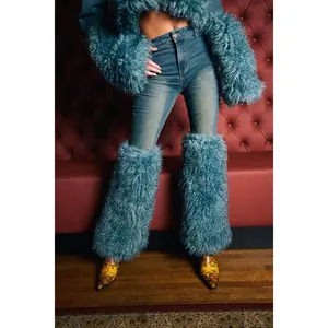 SIT PRETTY FUR TRIM JEANS IN BLUE DENIM