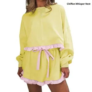 Women Two Piece Casual Set Ruffle Color Block Short Sweatshirt Casual Drawstring Shorts Autumn loose Tracksuit