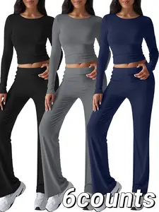 Women's Solid Long Sleeve Crop Tee & Flare Leg Pants Set, Casual Round Neck Top & Bell Bottom Trousers for Spring & Fall, Women's Clothes for Daily Wear