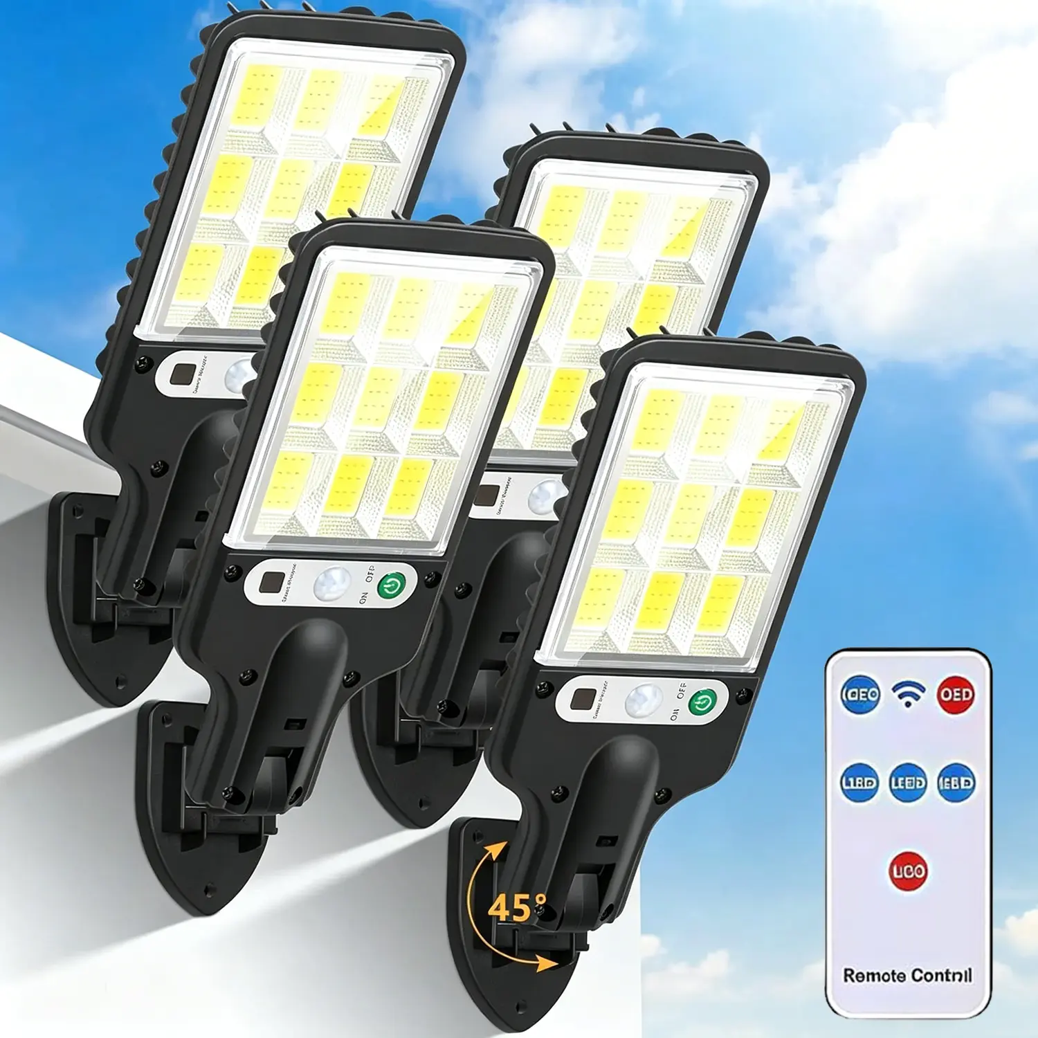 [SummerVibes] 4-Pack LED Solar Street Lights, Outdoor Lighting, 6000 Lumens, 108 COB Solar Powered, with Motion Sensor, IP65 Waterproof, with Remote Control, Durable and Safe Lighting, Suitable for Walls, Gardens, Patios, Terraces and Porches, Solar Fence