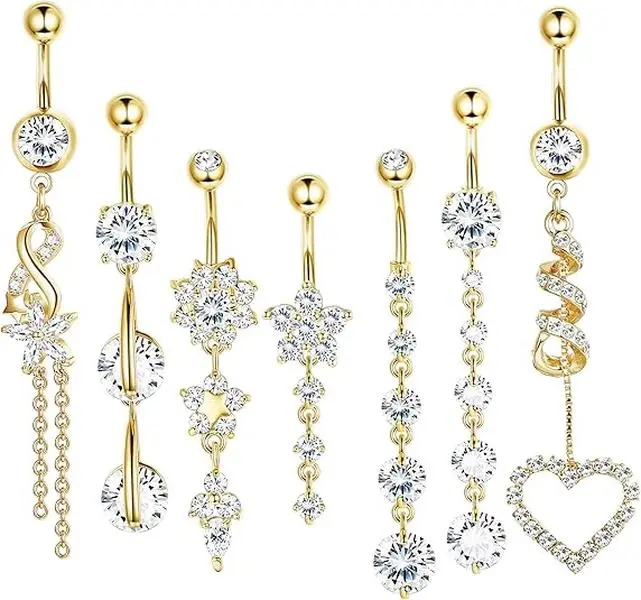 Women's 7Pcs 1.6mm Gold Tone Cubic Zirconia Dangle Surgical Steel Belly Button Rings Set - Body Jewellery for Female, Beach, Party, Smooth Edges, Butterfly/Heart/Flower Designs for Summer Outfits (Home Improvement Compatibility), Wearable Jewelry