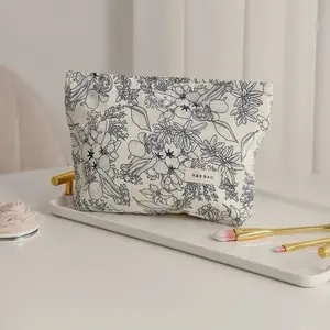 HARBAG Floral Canvas Cosmetic & Travel Bag with Elegant Black and White Floral Design Perfect for Travel and Cosmetics