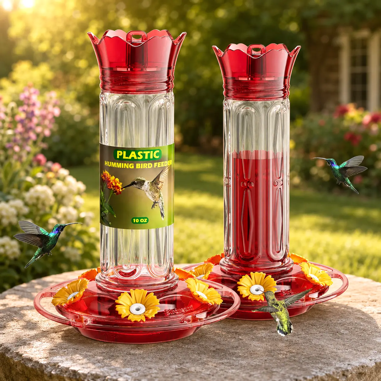 Birdream 2-Pack Hummingbird Feeders for Outdoors, 10 oz Each, 5 Bee Guard Ports, Built-In Ant Moat, Leak-Resistant, Easy to Clean, Brush Included