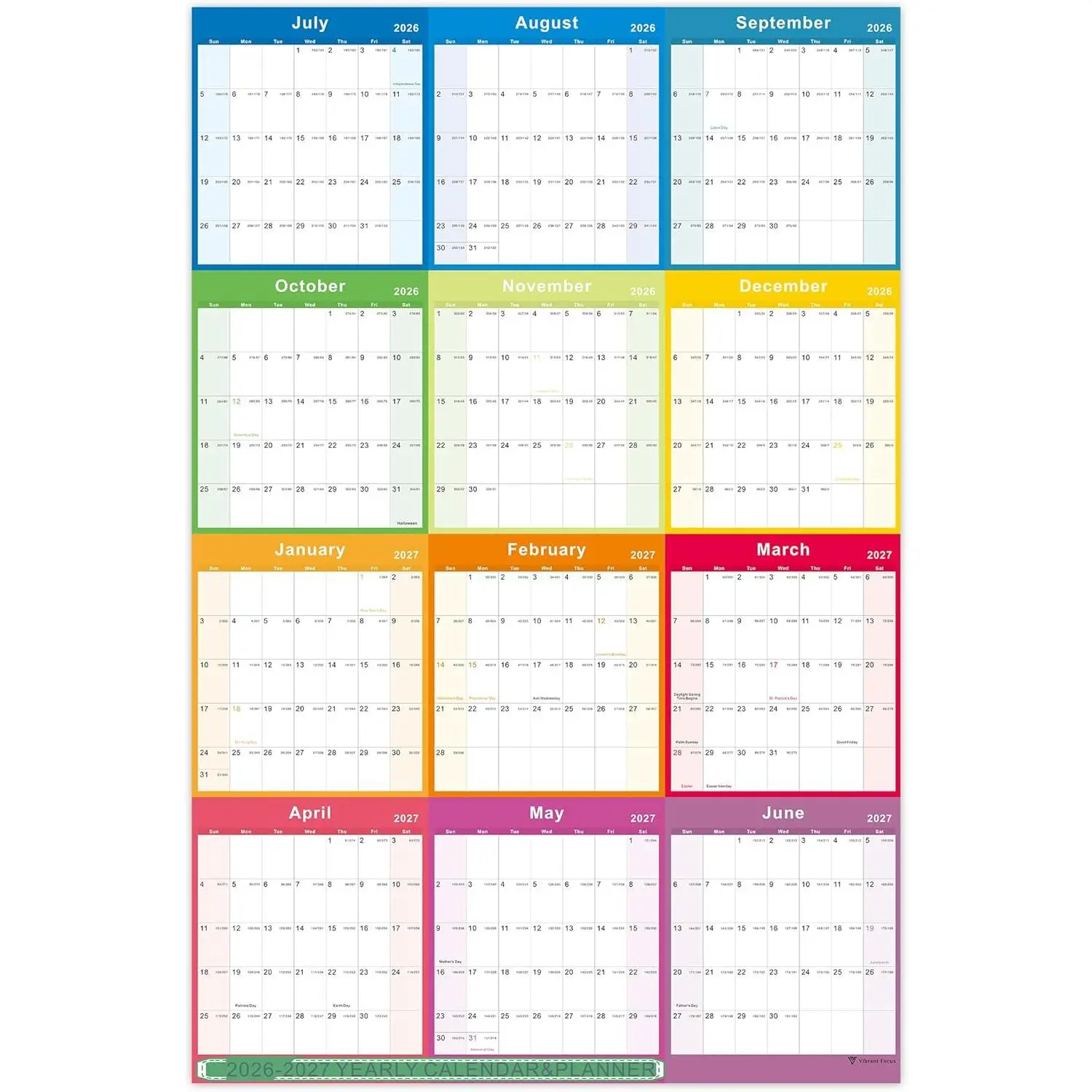 Yearly Wall Calendar, 2026-2027 Yearly Wall Calendar&Planner with Thick Paper, July 2026 - June 2027, X Large, 34.7" x 22.8",2026-2027 Yearly Planner (Annual Calendar - Colorful)