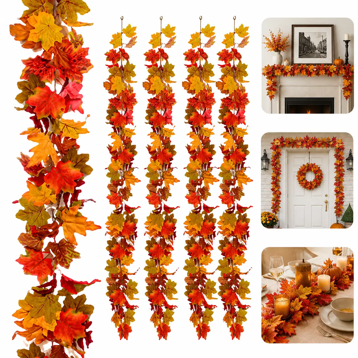 6-Pack PVC Artificial Orange Fall Maple Leaf Garland, High Color Fastness Floral Garland Holiday Ornaments for Home Supplies, Halloween Mantel Fireplace Decor, Desk