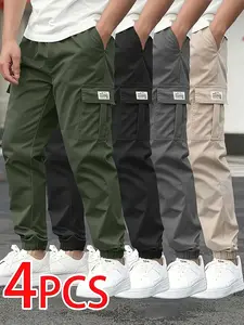 Set of 4 men’s cargo pants with multiple pockets, solid color, large pockets, jogger style, relaxed waist design—all-season comfortable casual wear and men’s casual long pants.