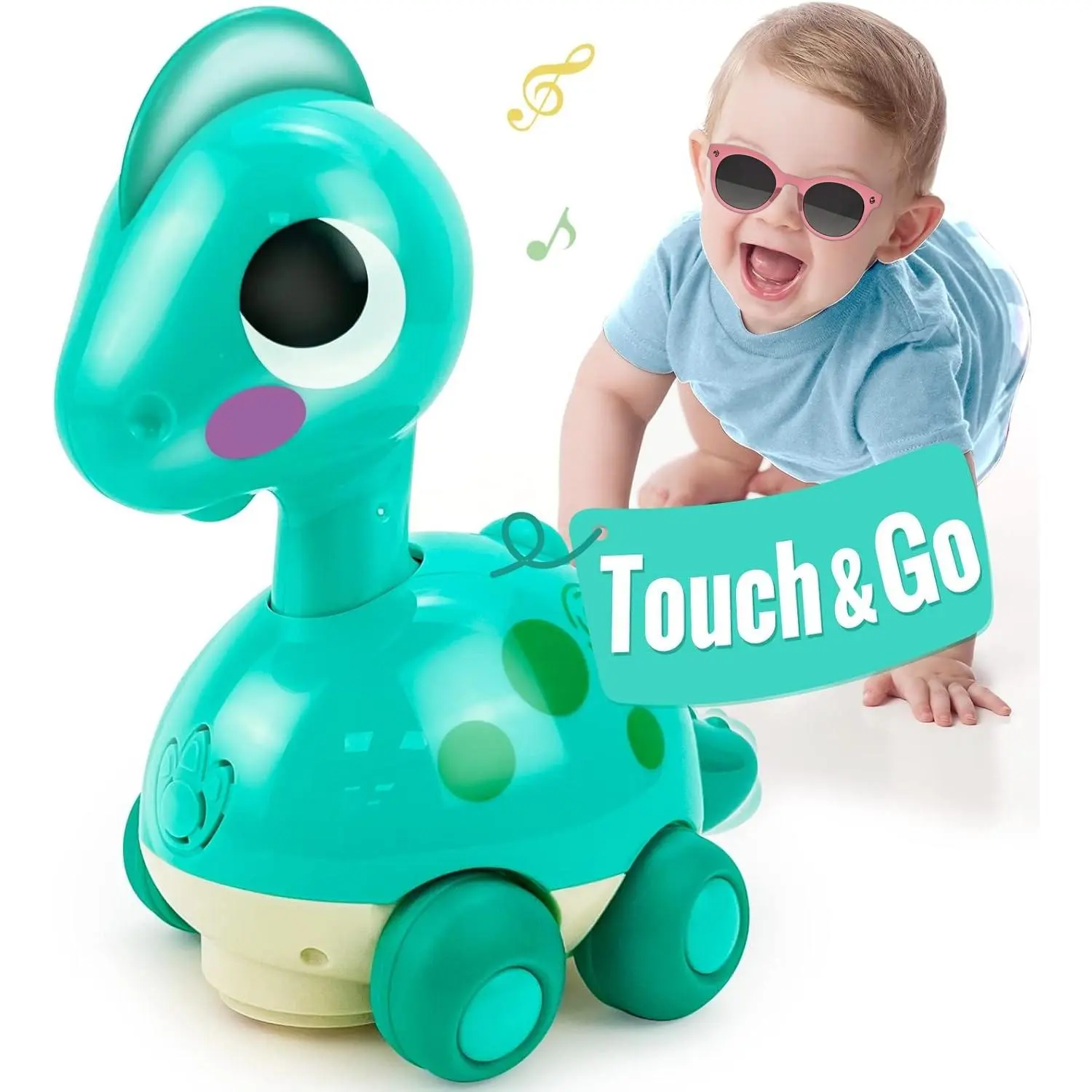 P-ITC08 Geometric Dino Baby Toy 6-12 Months: Touch & Go Moving Crawling Toy, Tummy Time Geometric Infant Toy for 1 Year Old Boy (Baby Boy Toys 0-2, Easter Basket Stuffers)
