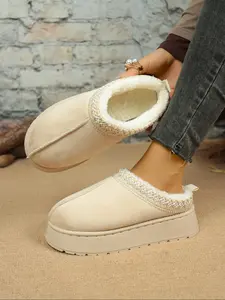 Women's Winter Fleece Lined Thick Sole Half Slipper Cotton Shoes, Ethnic Style Woven Belt Warm Slippers, Casual Fashion Slippers, Platform Outdoor Wear, Thick Bottom Slippers, Gifts For Women