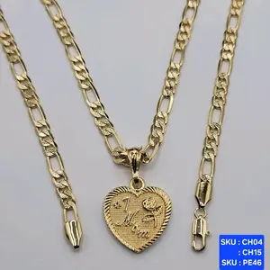 #1 Mom Necklace 14k Color Figaro Link Chain 24 & 18 Inches 5mm Wide Laminated Gold Pendant SKU CH04 CH15 PE46 Elegant Design for Any Occasion