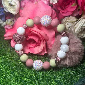 Mauve sage wristlet keychain color scheme mauve pink, sage green, white and bling beads made with wire