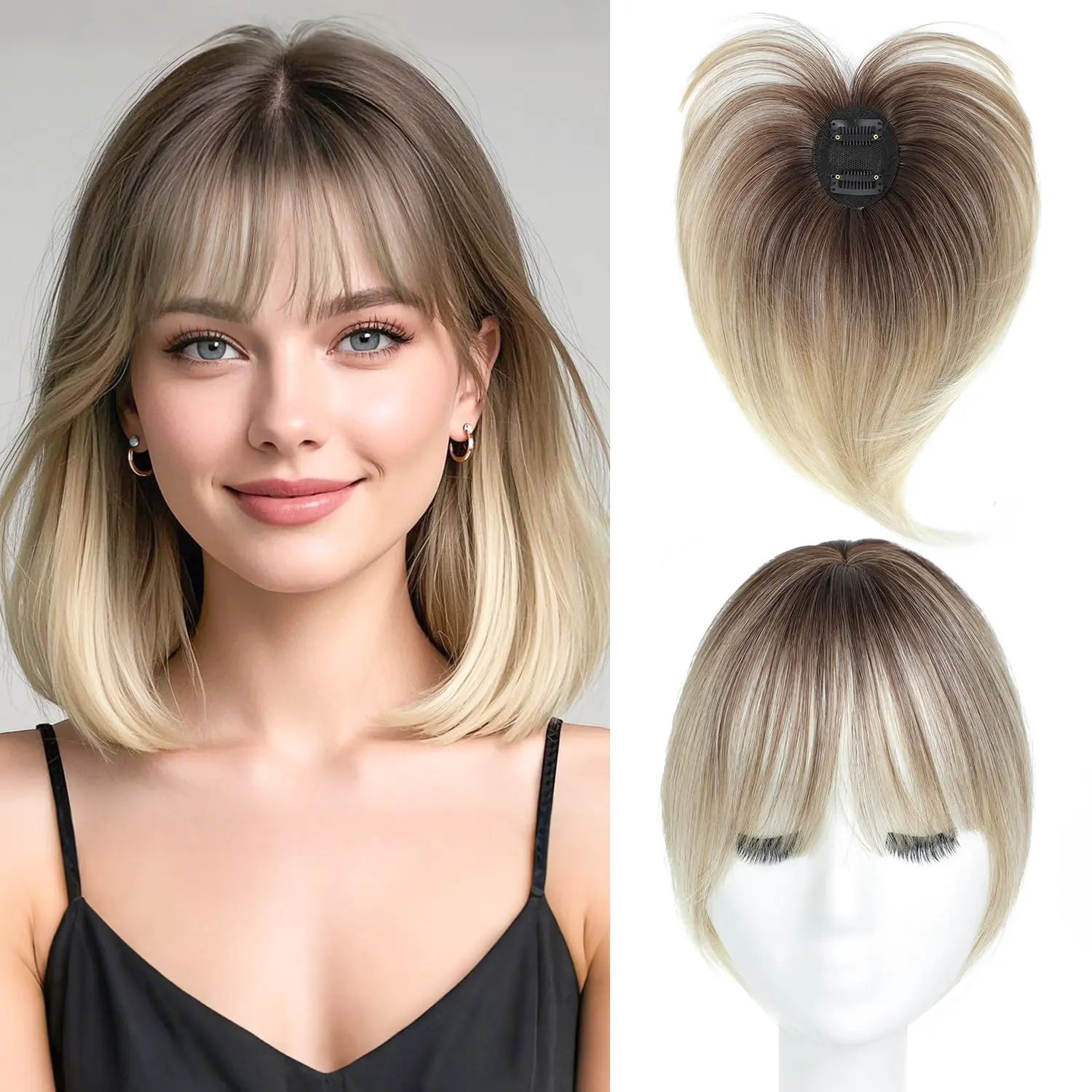 Hair Topper with Bangs Clip, 360°   3D Cover Hair Toppers for Women with Thinning Hairs, 10 Inch Straight Clip in Bangs Hairs Piece for Women Daily Wear (RT6/27/613# -Ombre Light Brown to Blonde)
