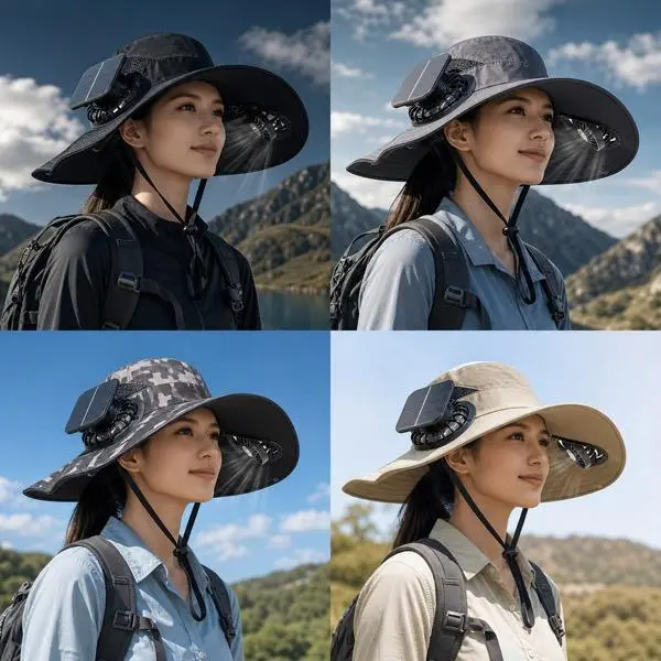 Solar-Powered Dual Fan Wide-Brim Sun Hat with USB Charging and Adjustable Chin Strap