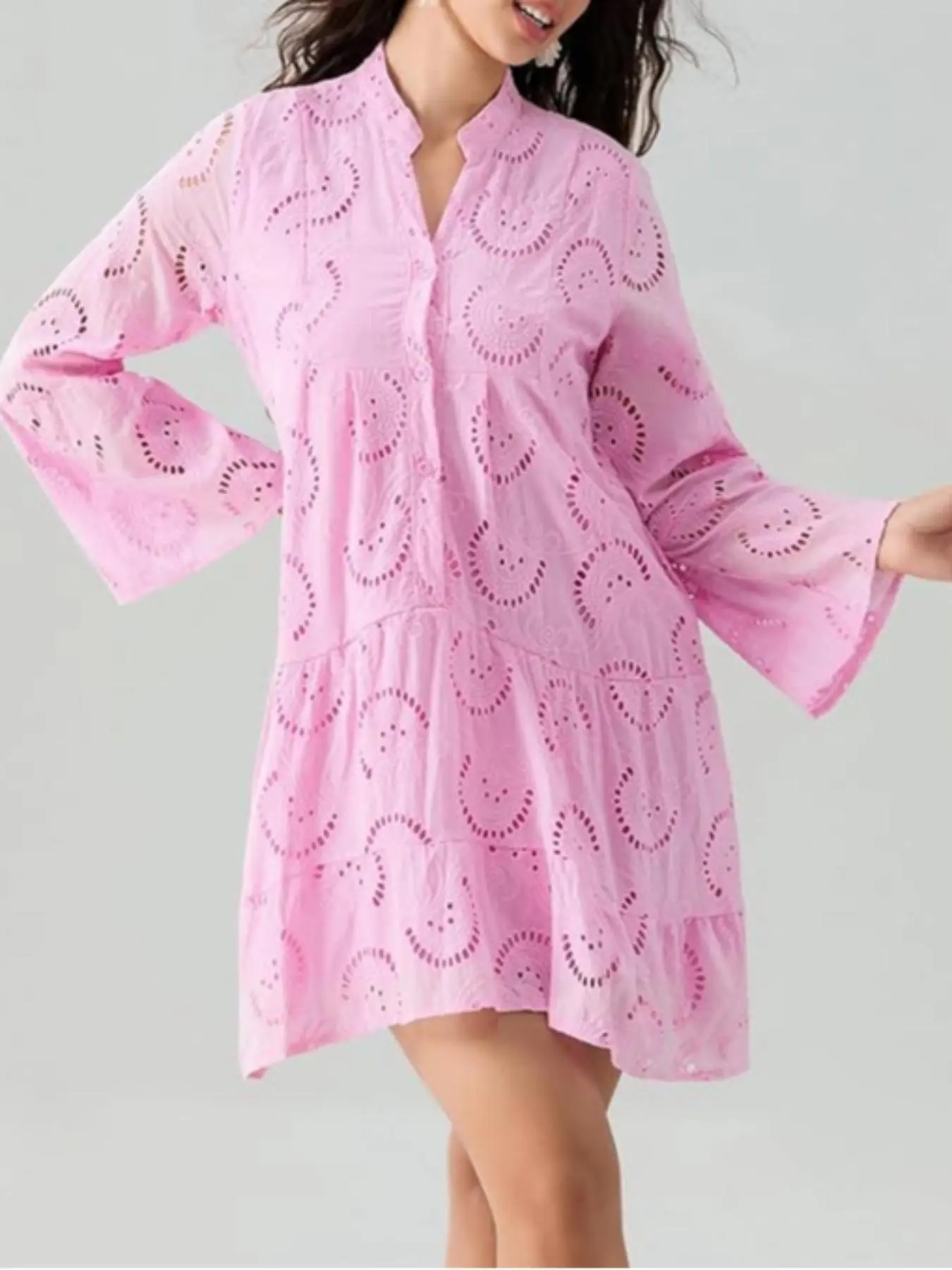 Eyelet Embroidery Notched Neck Long Sleeve Smock Dress, Casual Elegant Flounce Sleeve Button Front Short Dress for Vacation Holiday, Embroidered Dress, Dress for All Seasons, Holiday Dresses, Womenswear, Women's Summer Dresses, Classy Modest Dresses