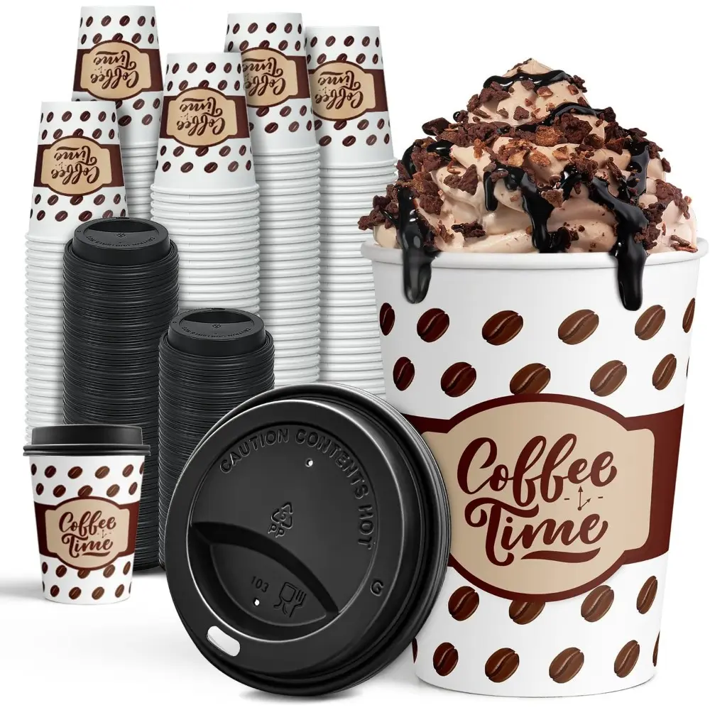 12oz Black Recycled Paper Disposable Cups with Leak-Proof Lids (100-Pack) - Non-Toxic Printable Sturdy To-Go Cups for Coffee, Cappuccino, Coffee Lovers