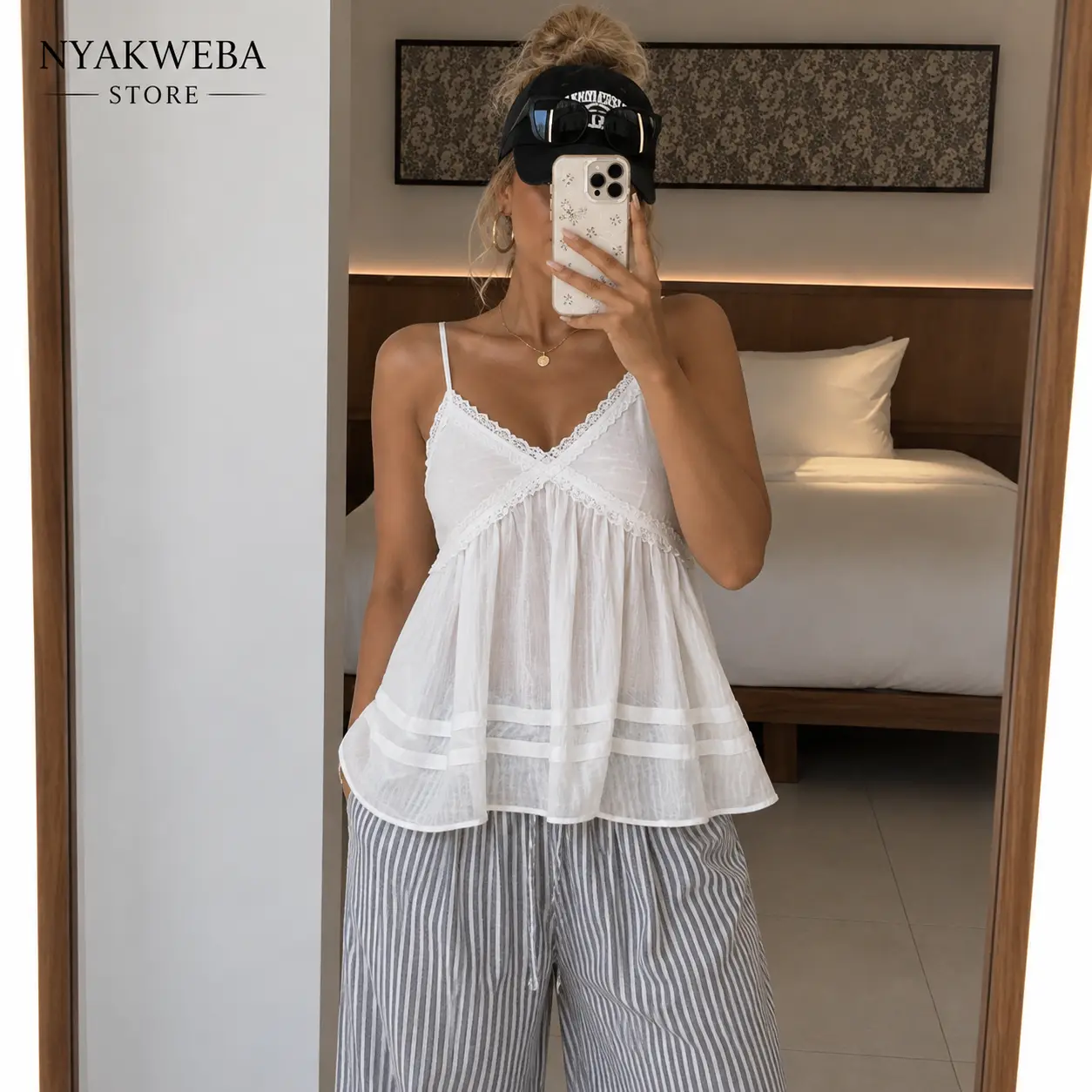 NYAKWEBA STORE Women Floral Lace Ruffle Babydoll Cami Top Sleeveless Flowy Layered Cami Tank Blouse Soft Stretchy Sweet Boho Style Casual Summer Going Out Shirt