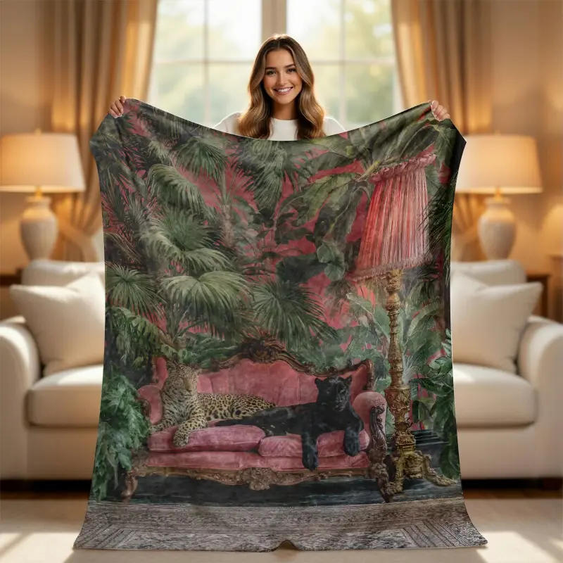 Aesthetic Leopard & Black Panther Flannel Throw Blanket - Dark Botanical Jungle Graphic Print, Ultra-Soft Cozy Plush Blanket for Maximalist Home Decor, Flannel Blankets, Graphic Blankets