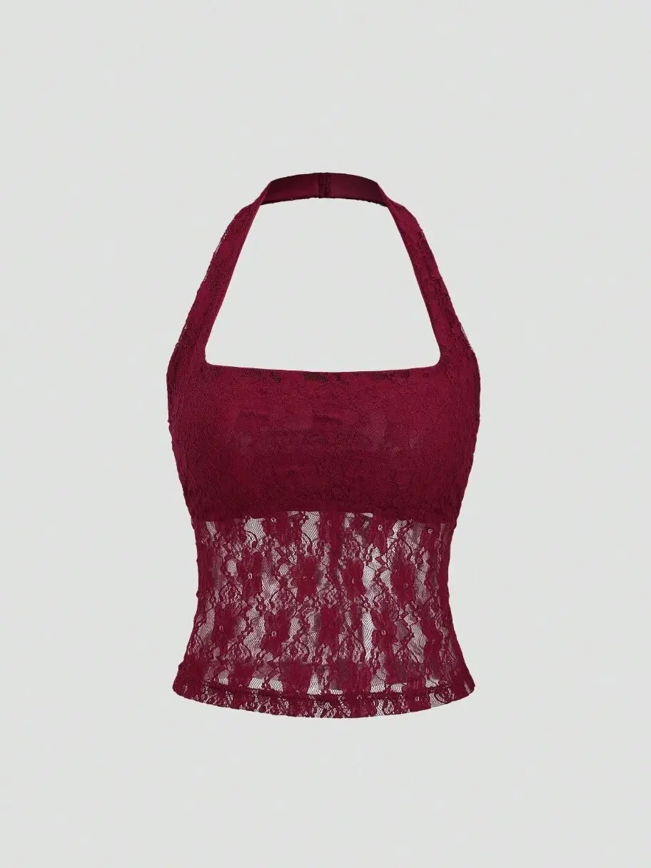Sweetra Elegant And Sexy Solid Lace Halter Top Y2K Christmas Holiday Party  For Woman Vacation Summer Beach Swim