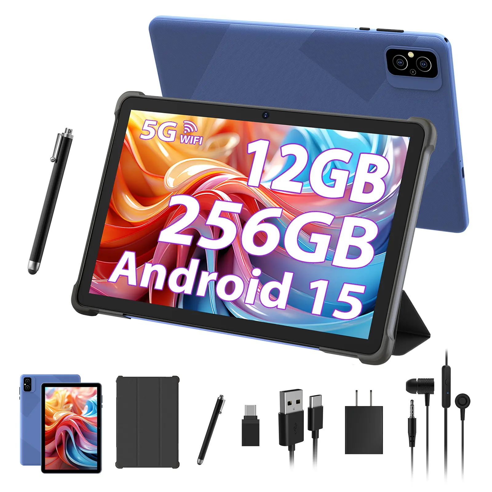 Android 15 Tablet, 10inch 2-in-1 Tablet PC, Quad Core CPU, 128GB ROM+1TB Expand, 6GB RAM, 8000mAh Big Battery, Fast Charging, WiFi6, BT5.0, Touchscreen Display Tableta with Case