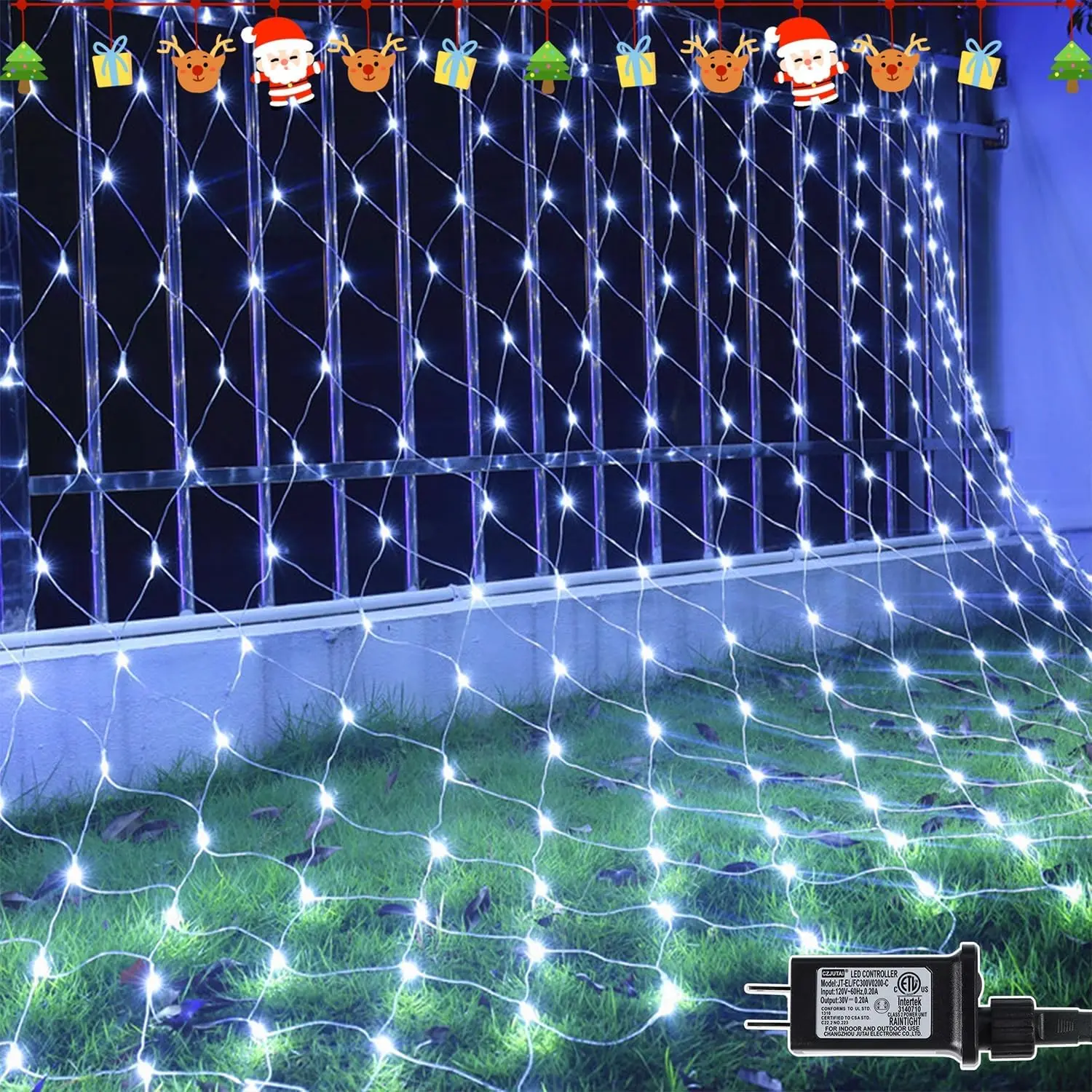 Christmas Net Lights, 360 LED 12ft x 5ft Connectable Mesh Fairy String Lights, 8 Modes Low  Safe Adaptor for Xmas Trees, Bushes, Wedding, Outdoor Holiday Garden Decorations, Cool White