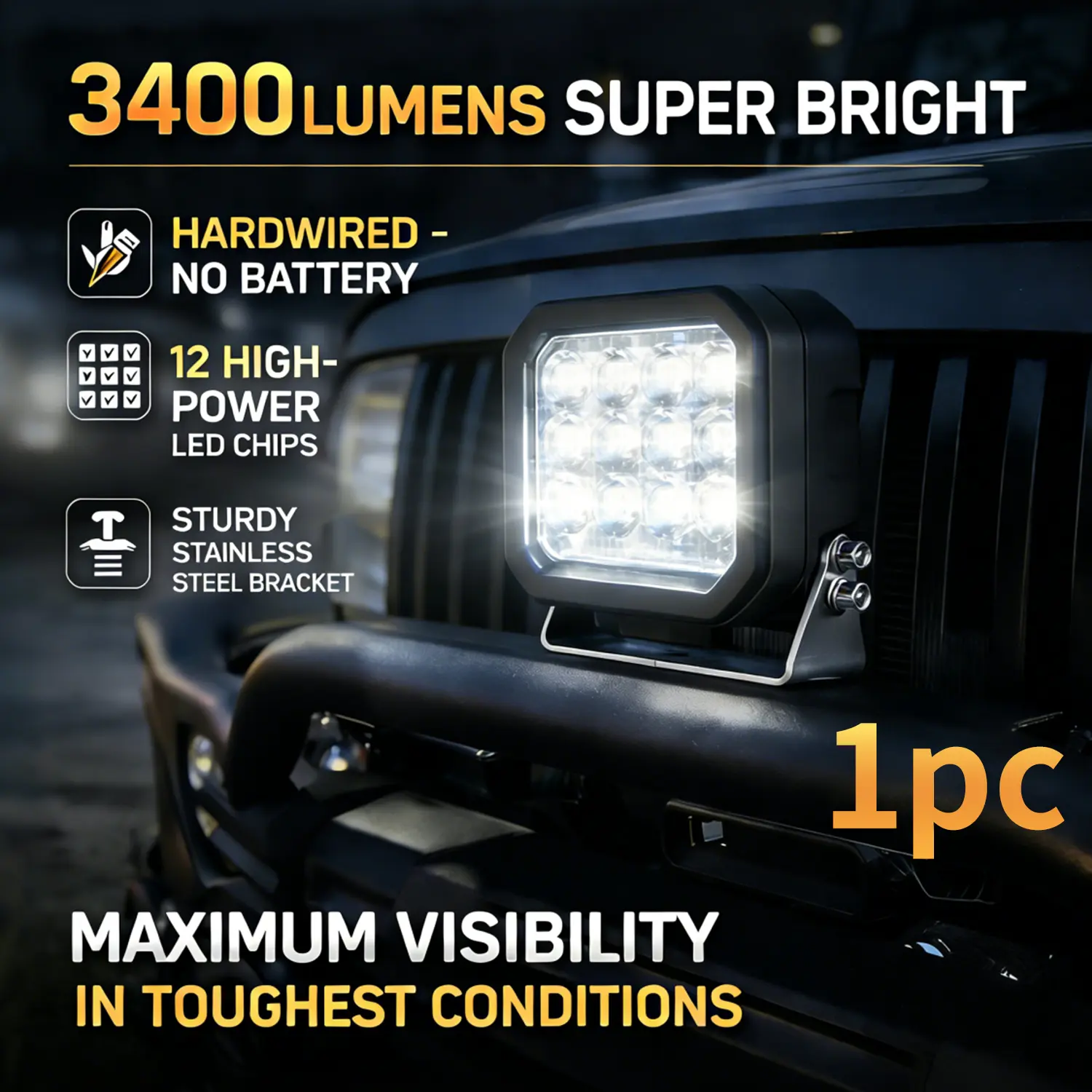 AgriEyes 25W 3400Lumens Waterproof Offroad Lights - 2-in-1 Aluminum Compact Square Pod, 1 Steady White/8 Flashing Amber Modes, 12V/24V Vehicles Exterior Light, Adjustable Bracket, 16 High-Intensity LEDs, Warning Signal, Auto Mode Memory, 11*5.5*15.5cm, 16