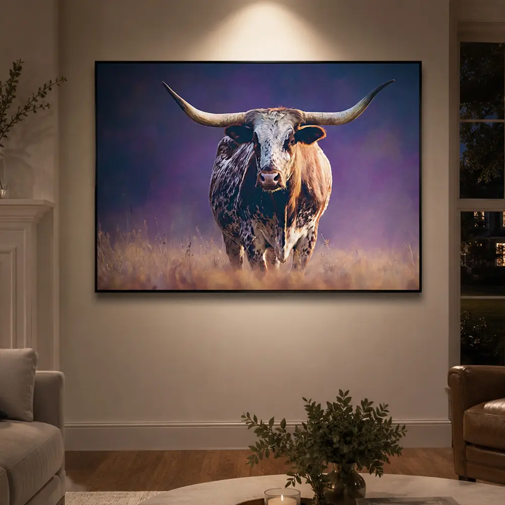 Texas Longhorn Steer In Grass Dark Brown Painting  Print, Farmhouse Wall Art, Cow Rustic Wall Art