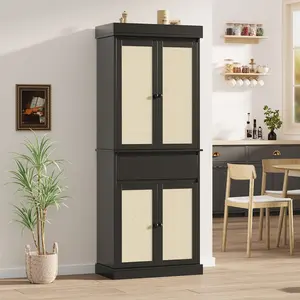 Tall Kitchen Pantry Cabinet with Rattan Doors & Adjustable Shelves - Freestanding Storage Cupboard with Drawer for Bathroom, Dining Room & Living Room, Black