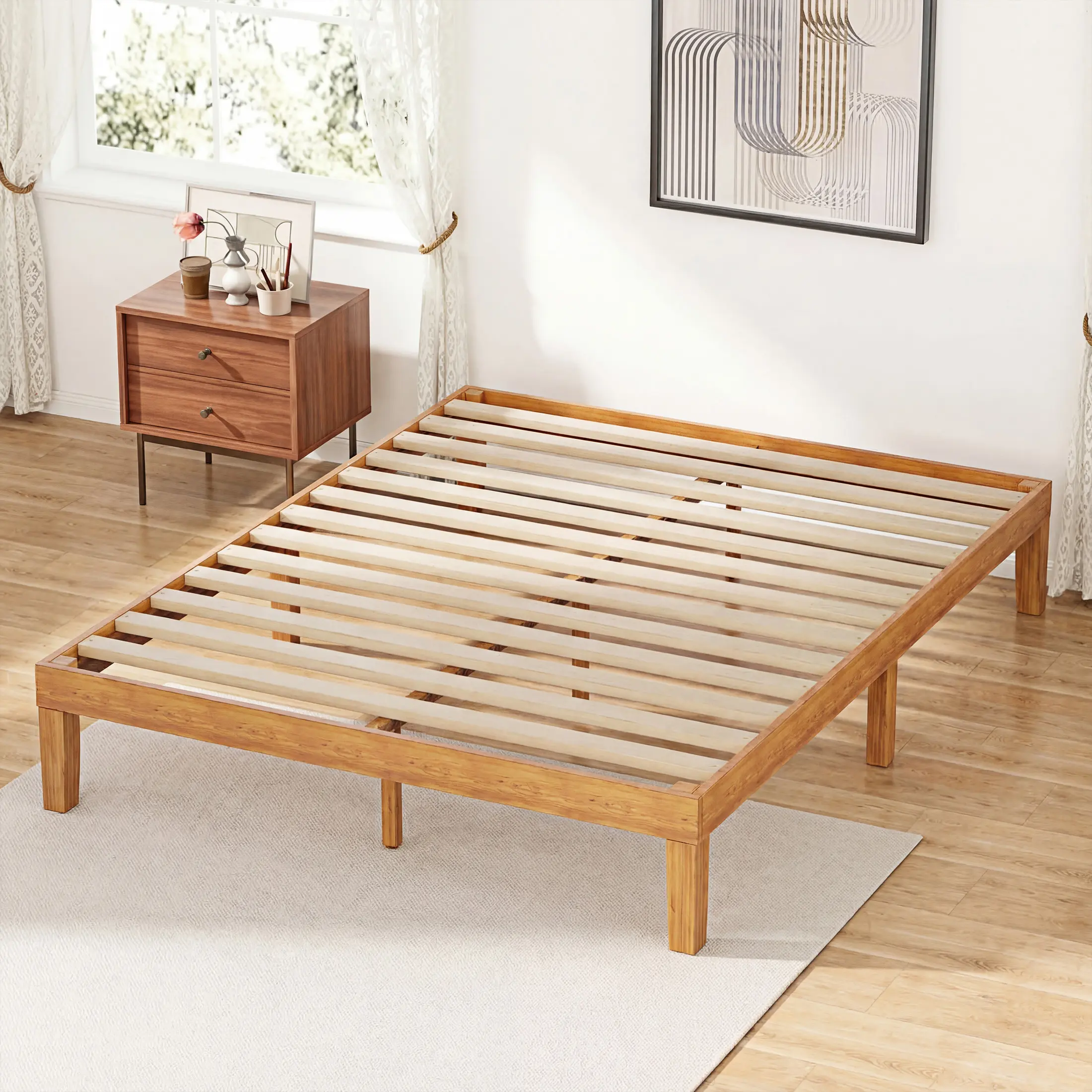 Wooden  Bed Frame - Solid Wood Platform Bed Frame, 12in Classic Natural Finish Multi-Size Mattress Foundation, Natural Pine Wood Support Slats, Modern Design, No Box Spring Needed, Easy Assembly
