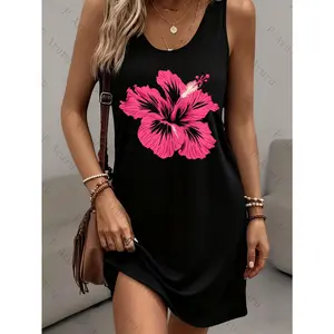 Women's Maxi Dress Hibiscus Flower Print Sleeveless Tank Dress with Pocket - Short Round Neck Casual Summer Dress, Loose Beach Dress for Spring Summer Outfits (Pink Hibiscus)