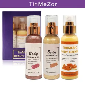 Golden Glow Body Shimmer Oil & Turmeric Lotion Set – Hydrating, Illuminating Duo for Radiant Skin with Pearl Shimmer + Anti-Inflammatory Turmeric – Vegan & Cruelty-Free Glow Kit Cosmetic Moisturizer