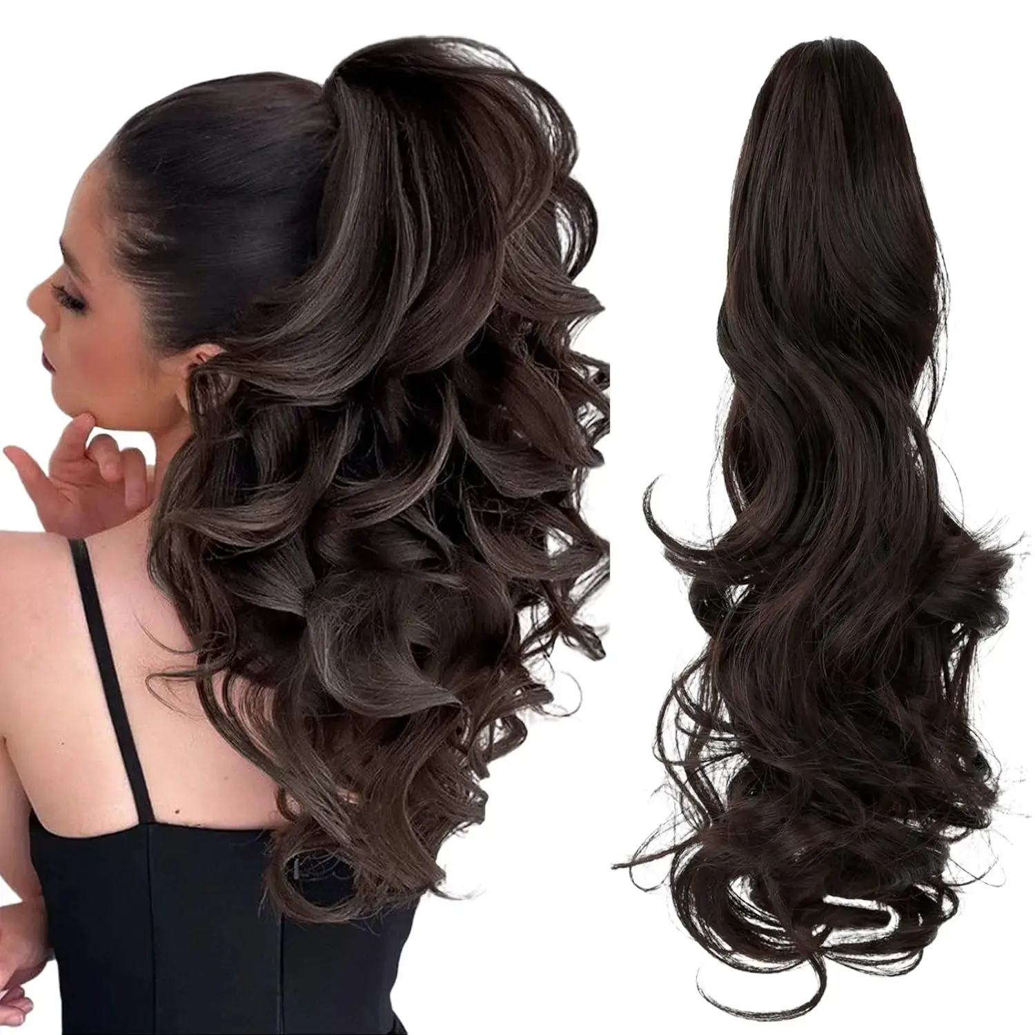 Women's 18-Inch Synthetic Artificial Hair Claw Clip Ponytail Extension, Body Wave Curly Hairpiece for Ponytail Hairstyles, Instant Volume Boost for Parties, Dates, Dinners, Natural Look, Wavy Curl, Claw-Shaped Hairpin Extension, Adds Instant Volume