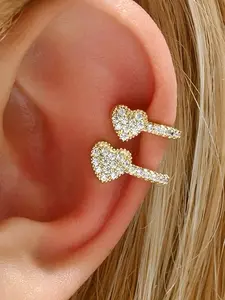 Elegant Zircon Heart Ear Cuff Clip, Stainless Steel Geometric Design, No Piercing Required, Perfect for Weddings & Birthdays
