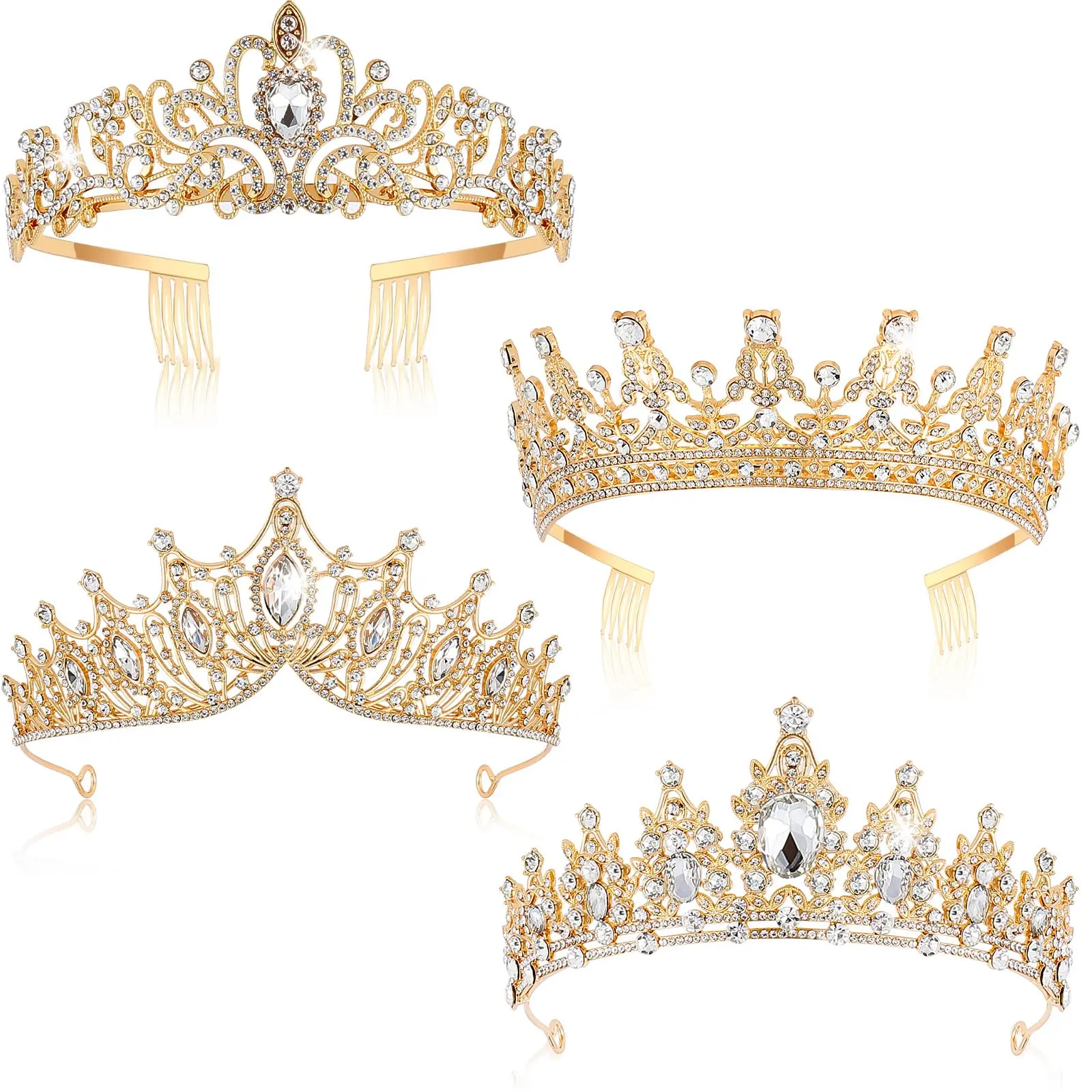 Women's 4-Piece Simple Lightweight Female Alloy Metal Gold and Silver Rhinestone Queen Crowns - Solid Colors Prom Tiara Headbands with Combs, Festive Party Supplies, Exquisite Gifts, 4 Pieces