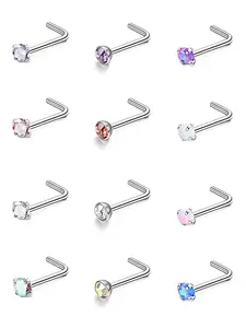 Simple Fashion Artificial Zircon Inlaid Nose Studs, Stainless Steel L Bar Nose Rings, Punk Style Body Piercing Jewelry for Women & Men