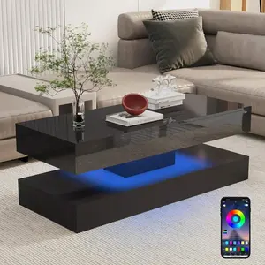 LED Coffee Table With 2 Storage Drawers, Modern High Gloss Black/White Coffee Table W/20 Colors LED Lights, 2 Tiers Rectangle Center Table For Living Room With Marbling Print, APP Control
