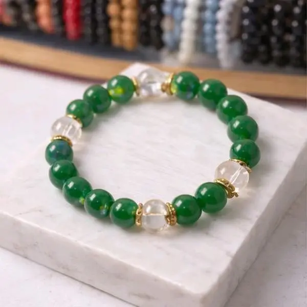 Green Jade & Clear Quartz Bracelet | Wealth & Clarity Crystal Bracelet | 10mm Natural Gemstone | Gold Accent Stretch Bracelet