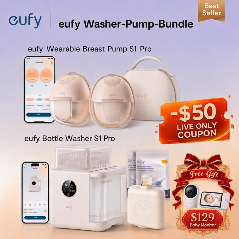 NEW eufy S1 Pro Bundle of Breast Pump & Bottle Washer ,Leading HeatFlow Tech, App-Controlled OptiRhythm, Hospital-Grade Suction, Built-in Water Softener, HydroBlast Washer, 212°F Steam Sterilizer & Thoroughly Fast Dryer, 10-Bottle Capacity,