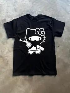 Men's Dark Humor Hello Kitty Graphic Tee - Black Gun-Wielding Kitty Parody Shirt, Rebellious Streetwear Short Sleeve, 2025 Trendy Anti-Cute Outfit & Funny Meme Gift for Edgy Fashion Enthusiasts