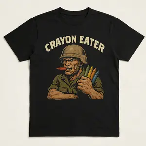 Crayon Eater Funny T-Shirt – Military Dark Humor Graphic Tee, Sarcastic Soldier Meme Shirt, Vintage War Cartoon Style, Offensive Joke Tee, Army Marine Humor Gift, Retro Tactical Comedy Shirt