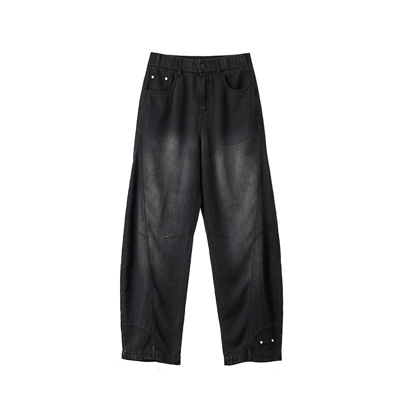 Men’s summer American vintage casual jeans, loose wide-leg curved cut, Lyocell fabric, comfortable fit