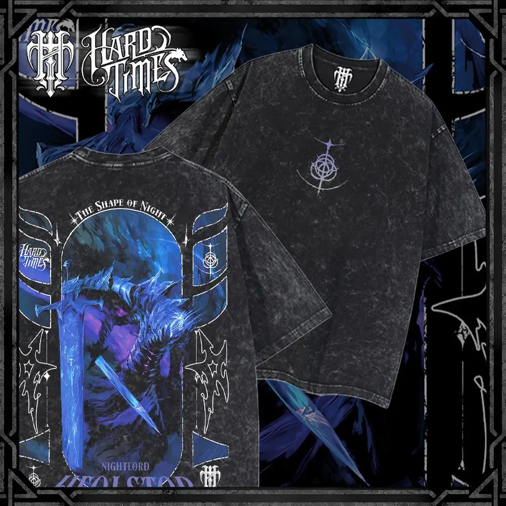 HardTimesClothing - Heolstor Elden Ring Nightlord Nightreign Acid Washed Heavyweight Cotton Short-Sleeve T-Shirt - Round Neck, Street Style Digital Print Clothes, Classic Retro Vintage Anime Manga Fan Gift