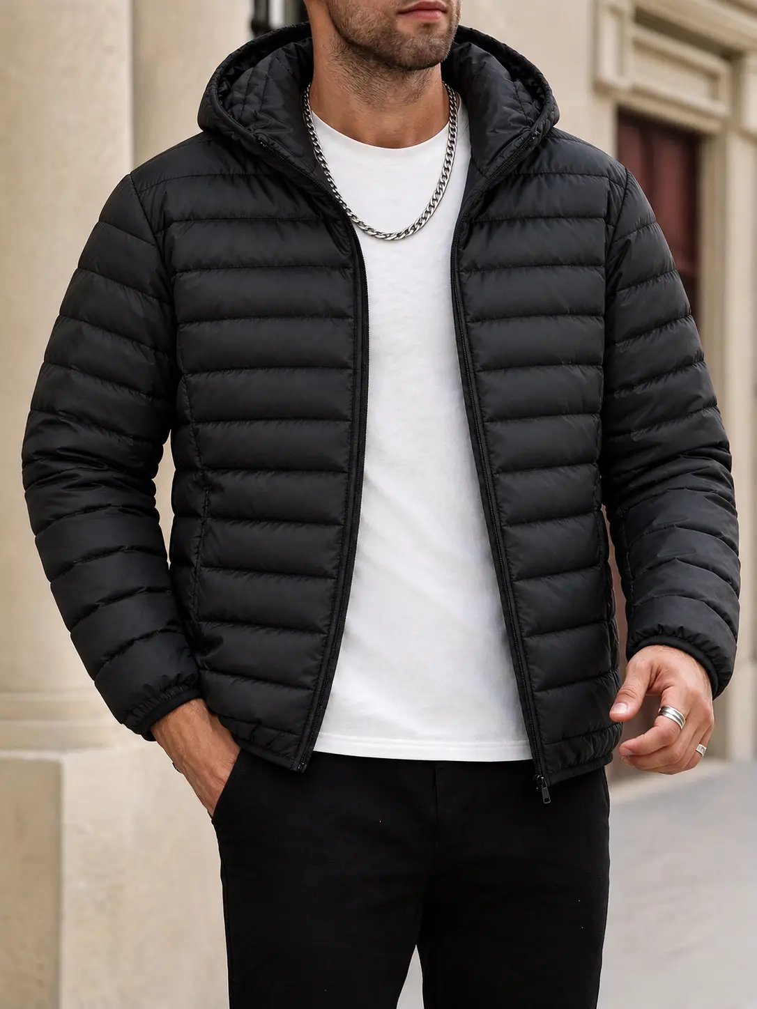Men's Hooded Down Puffer Jacket - Lightweight Quilted, Full-Zip, High Heat-Retaining - Ideal for Cold-Weather Outdoor Travel & Daily Casual Wear