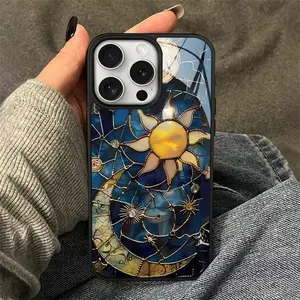 Glass & Acrylic Hard Case Sun & Moon Pattern Anti-drop Total Protective Compatible with iPhone 11-17 Pro Max Lightweight Slim Shock-Resistant UV Printed