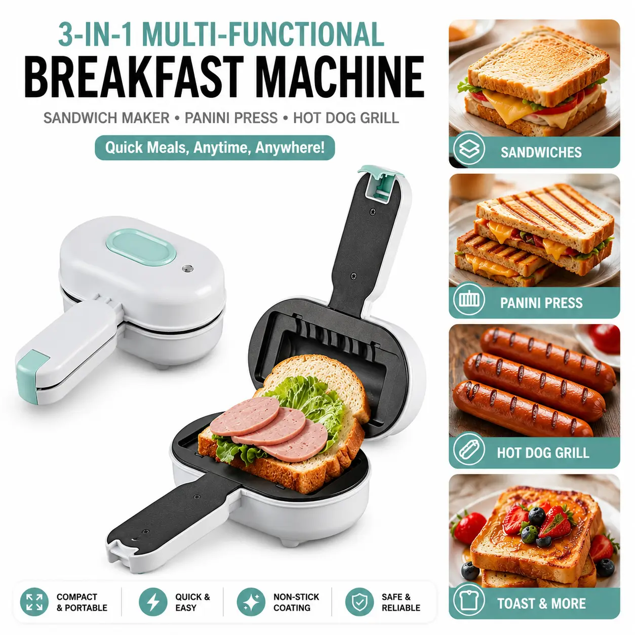 Multi-Functional Breakfast Machine, 3-in-1 Sandwich Maker, Panini Press, Hot Dog Grill, Compact Kitchen Breakfast Maker for Toast, Sandwiches, Grilled Food & Quick Meals