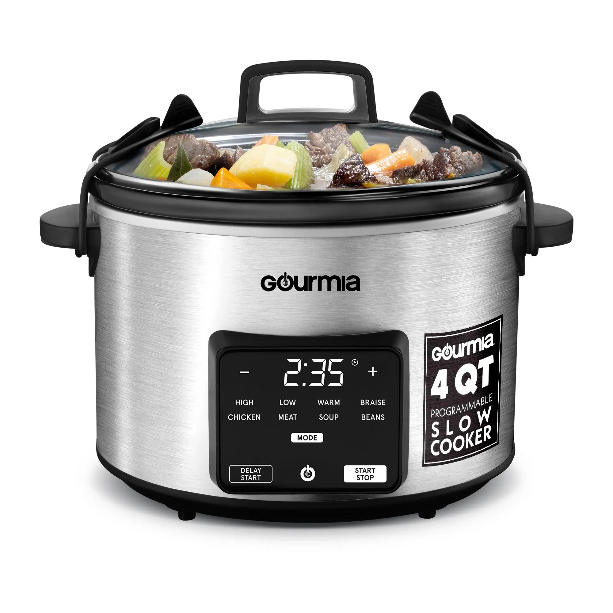 Gourmia 4.5 Qt Programmable Slow Cooker - 5 Presets, Automatic Keep Warm Feature, Compact, Glass Lid, 260W Cooking System, Ideal for Braising, Soup